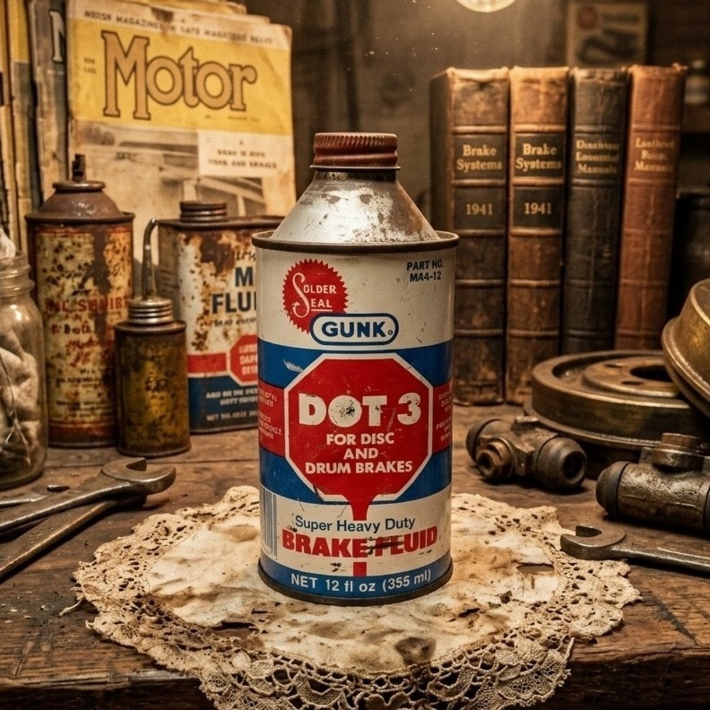 Vintage Gunk Solder Seal DOT 3 Brake Fluid Tin Can 12oz M44-12 Gas Oil Sign